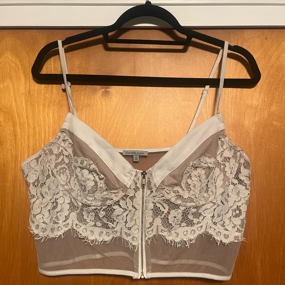Charlotte Russe Lace Zip-Front crop top in Cream and White